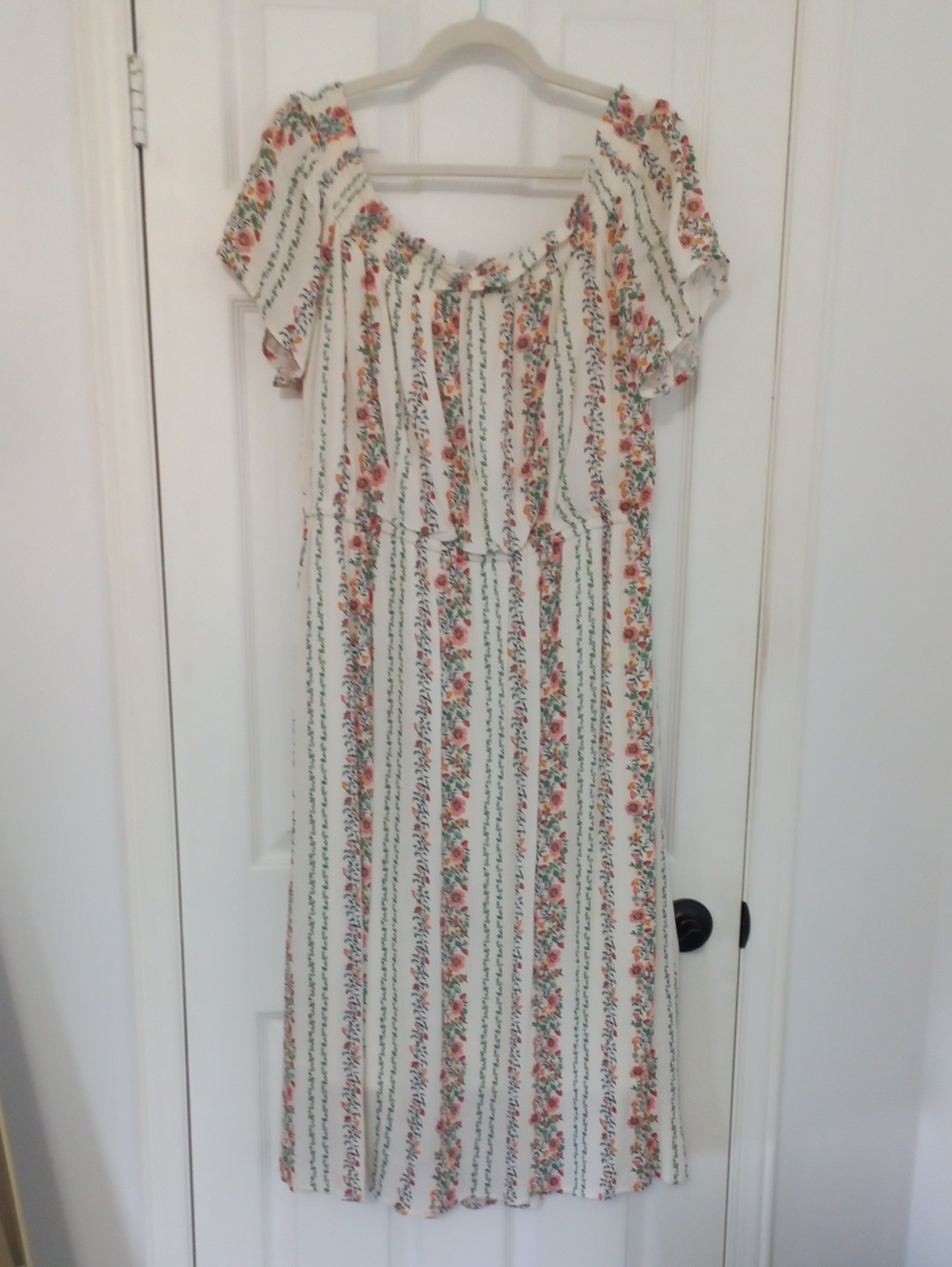 Old Navy White Midi Dress with Pink & Green Floral Stripes